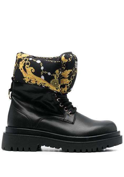 Black and yellow logo print round toe boots women VERSACE